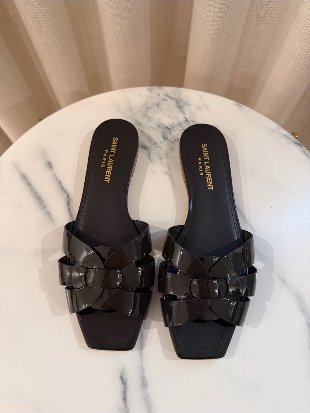 Saint Laurent Black Patent Woven Slide Mules